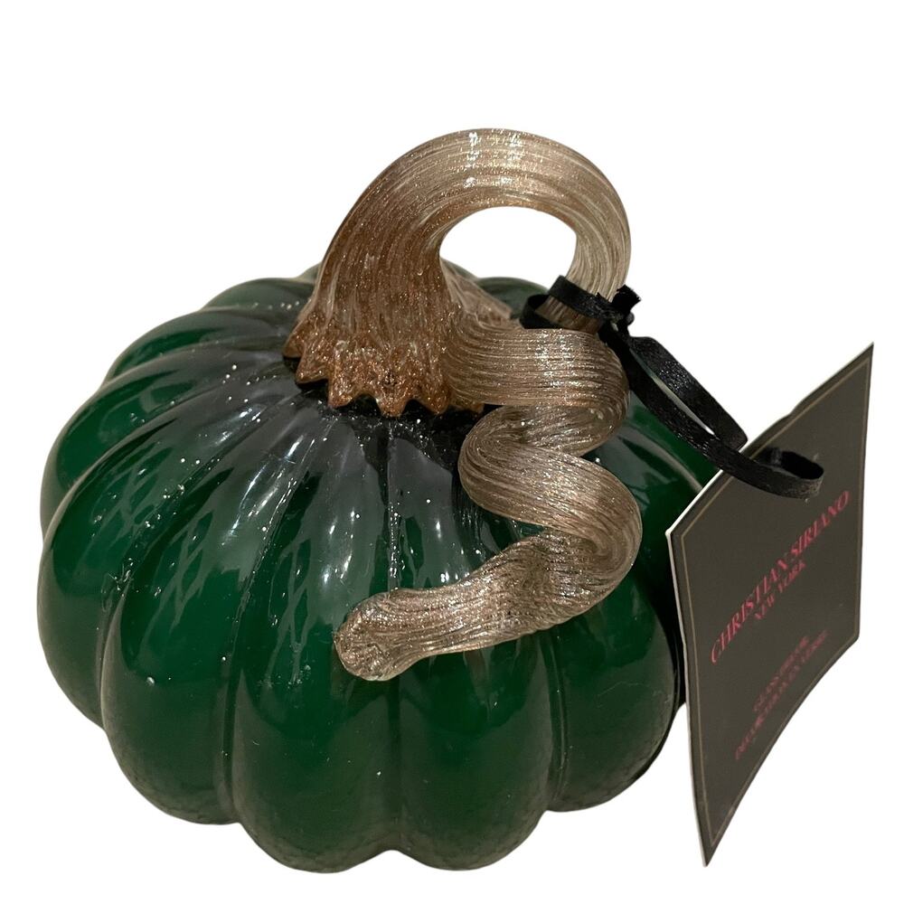 CHRISTIAN SIRIANO Hand Blown Art Glass Pumpkin Emerald Green Gold Stem New - Picture 4 of 10